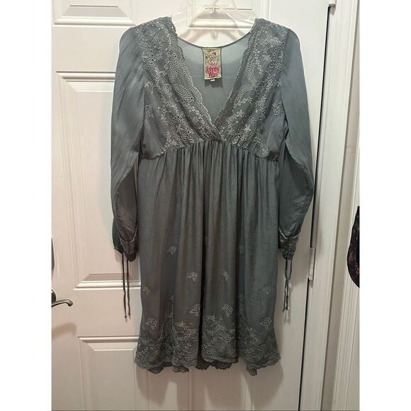 Johnny Was Women's Gray Cupra Rayon V-neck Embroidered Eyelet Tunic Dress Medium - Picture 4 of 6